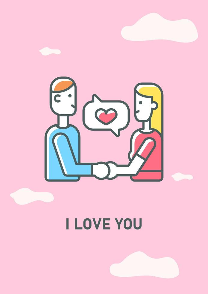 I love you greeting card with color icon element. Romantic relationship. Happy Valentines day. Postcard vector design. Decorative flyer with creative illustration. Notecard with congratulatory message