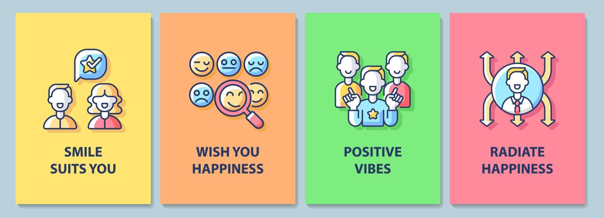 Happy and positive messages greeting card with color icon element set. Postcard vector design. Decorative flyer with creative illustration. Notecard with congratulatory message pack