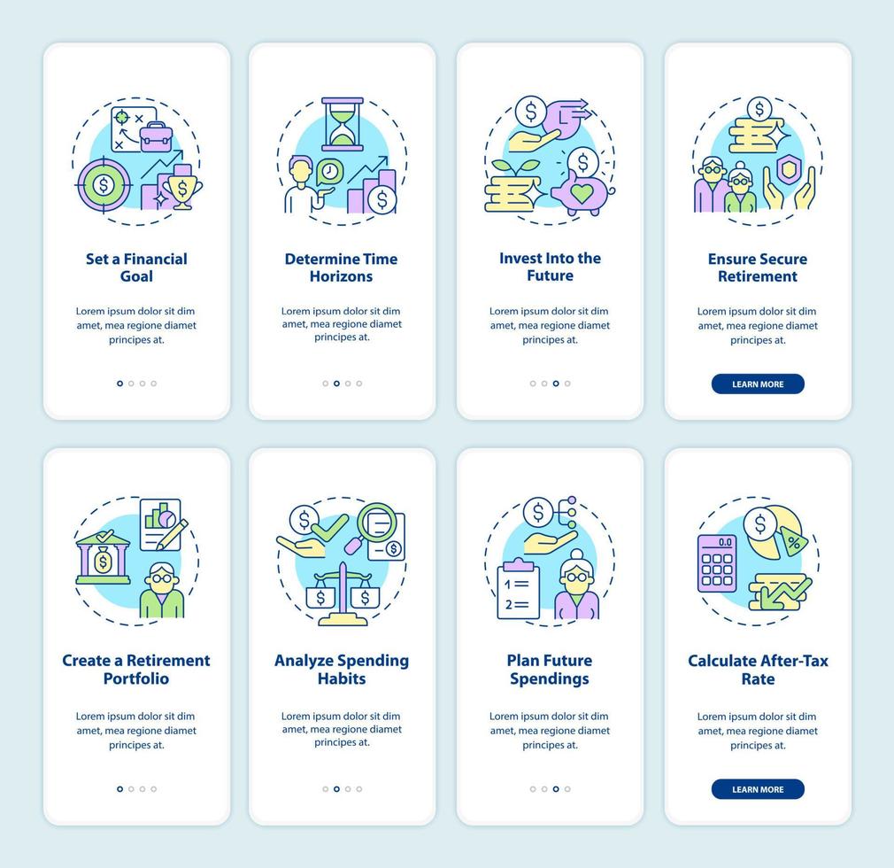 Retirement savings onboarding mobile app page screen. Financial independence plan walkthrough 4 steps graphic instructions with concepts. UI, UX, GUI vector template with linear color illustrations