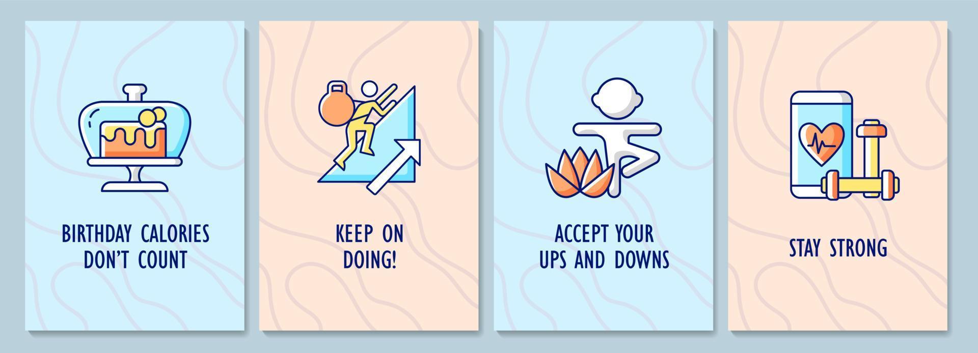 Positive messages in greeting card with color icon element set. Inspirational message. Postcard vector design. Decorative flyer with creative illustration. Notecard with congratulatory message pack