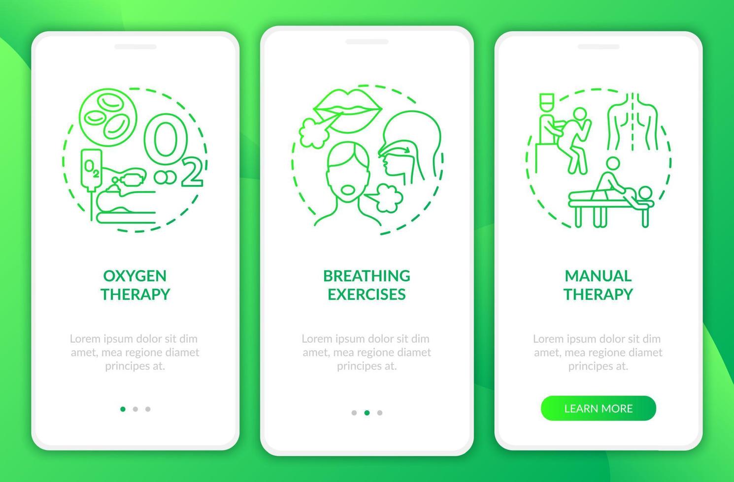 Respiratory rehabilitation green gradient onboarding mobile app page screen. Walkthrough 3 steps graphic instructions with concepts. UI, UX, GUI vector template with linear color illustrations