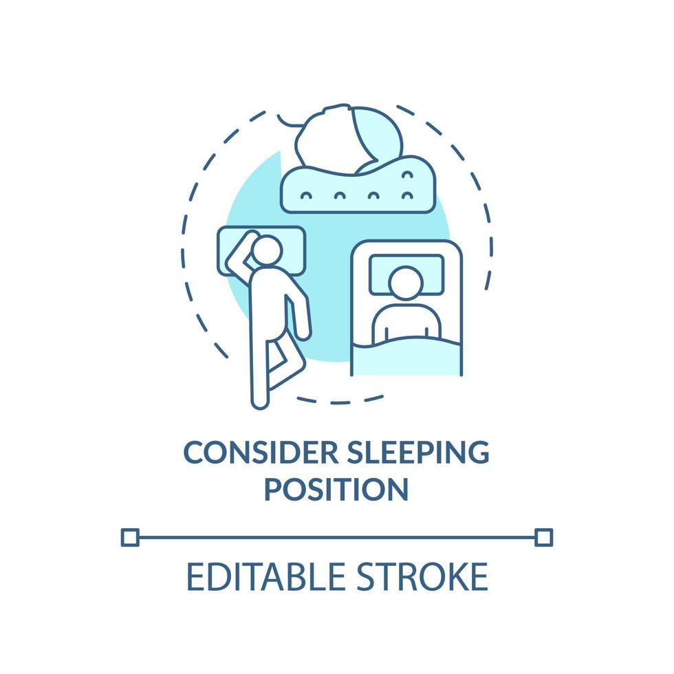 Considere la posición para dormir icono azul del concepto. elegir colchón idea abstracta ilustración de línea fina. salud de la columna vertebral. cama cómoda. dibujo de color de contorno aislado vectorial. trazo editable vector