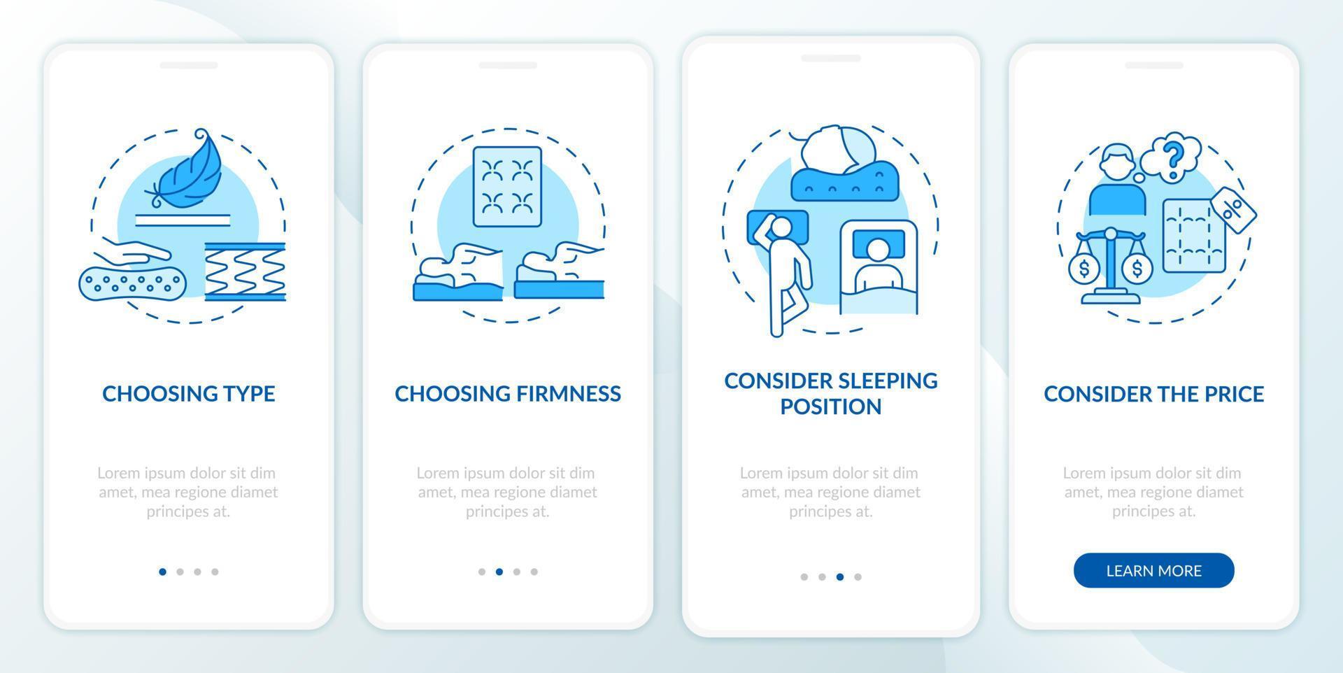Choosing mattress blue onboarding mobile app page screen. Comfortable bedding walkthrough 4 steps graphic instructions with concepts. UI, UX, GUI vector template with linear color illustrations