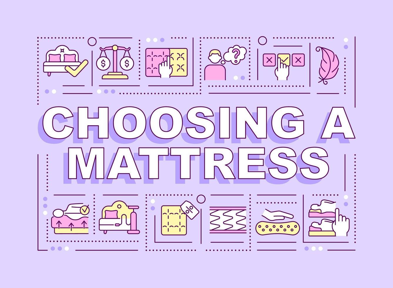Choosing mattress word concepts banner. Comfortable sleeping. Infographics with linear icons on purple background. Isolated creative typography. Vector outline color illustration with text