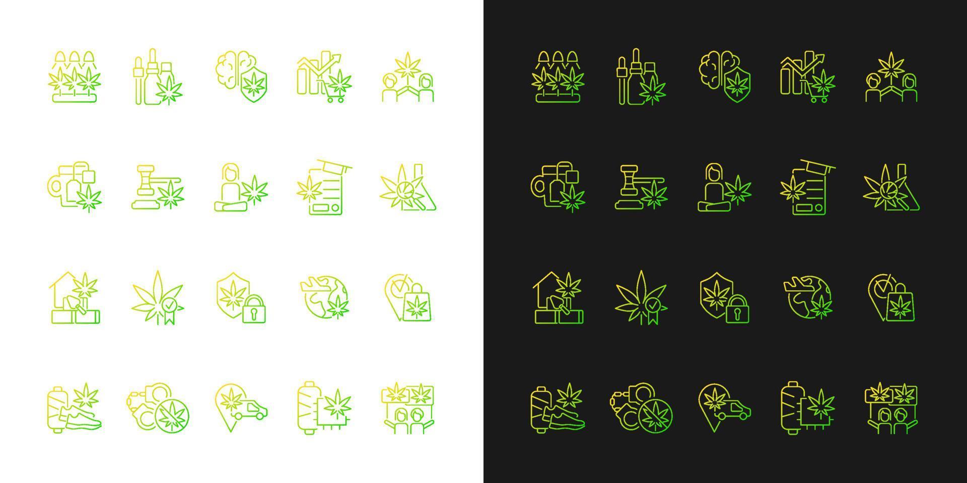 cannabis en los iconos de degradado de la vida cotidiana configurados para el modo oscuro y claro. cultivo de marihuana. paquete de símbolos de contorno de línea delgada. colección de ilustraciones de contorno vectorial aislado en blanco y negro vector