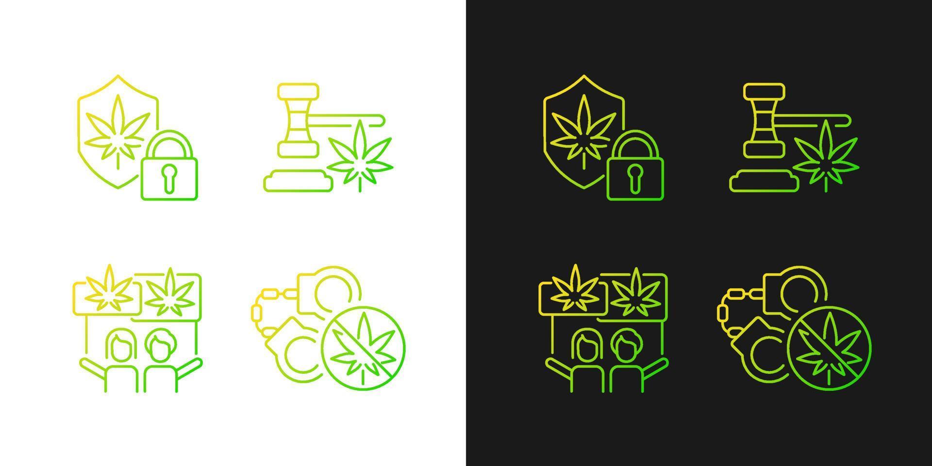 Legality of cannabis gradient icons set for dark and light mode. Marijuana dispensary. Thin line contour symbols bundle. Isolated vector outline illustrations collection on black and white