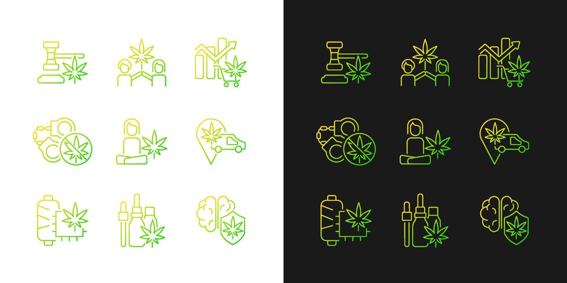 Marijuana plant use gradient icons set for dark and light mode. Cannabis laws. Herbal medicine. Thin line contour symbols bundle. Isolated vector outline illustrations collection on black and white