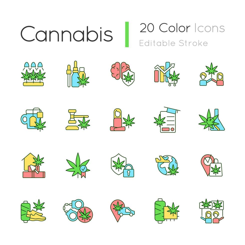 cannabis en la vida cotidiana conjunto de iconos de colores rgb. cultivo de marihuana. legalizar el cáñamo en todo el mundo. beneficios de la salud. ilustraciones vectoriales aisladas. colección de dibujos de líneas rellenas simples. trazo editable vector