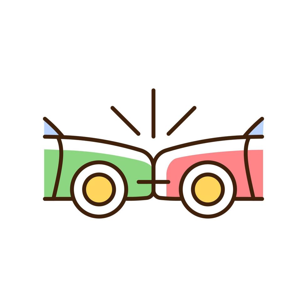 Head-on collision RGB color icon. Frontal crash. Two vehicles collide into one another. Auto accident. Cars driving in opposite directions. Isolated vector illustration. Simple filled line drawing