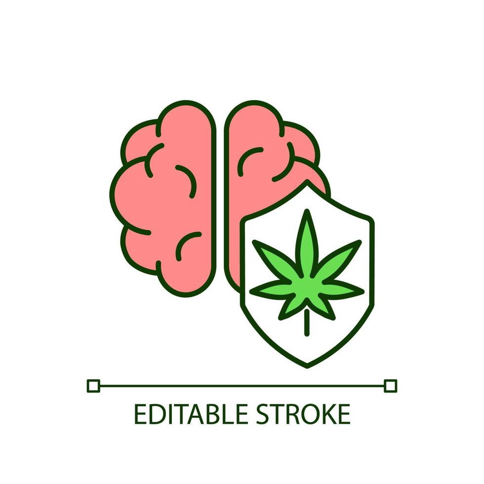 icono de color rgb de protección cerebral de marihuana. mejora de las funciones cognitivas. efecto positivo en el desarrollo del cerebro. ilustración vectorial aislada. dibujo lineal relleno simple. trazo editable vector