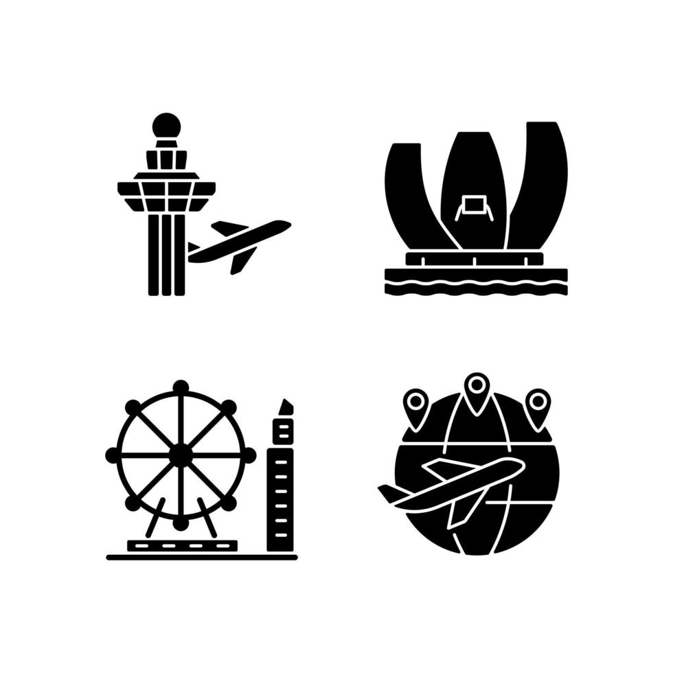 Tourist attractions in Singapore black glyph icons set on white space. Changi airport. Artscience museum. Observation wheel. Air traffic control. Silhouette symbols. Vector isolated illustration