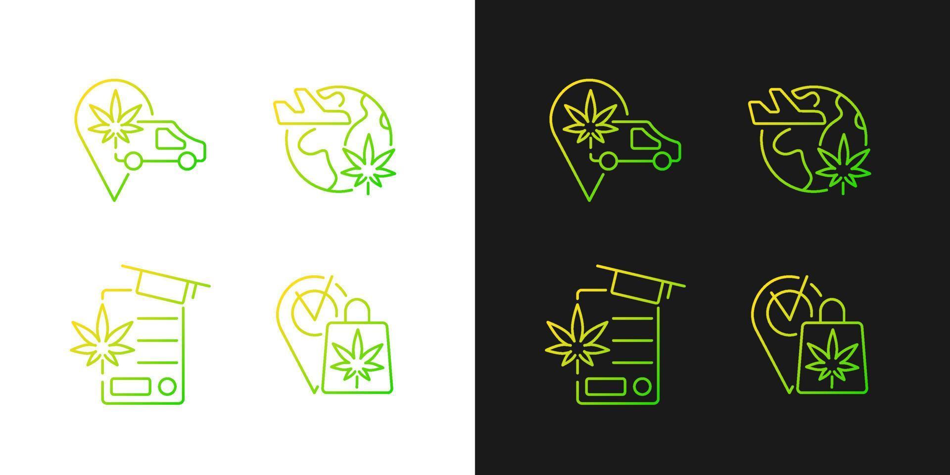 Worldwide cannabis industry gradient icons set for dark and light mode. Marijuana industry. Thin line contour symbols bundle. Isolated vector outline illustrations collection on black and white