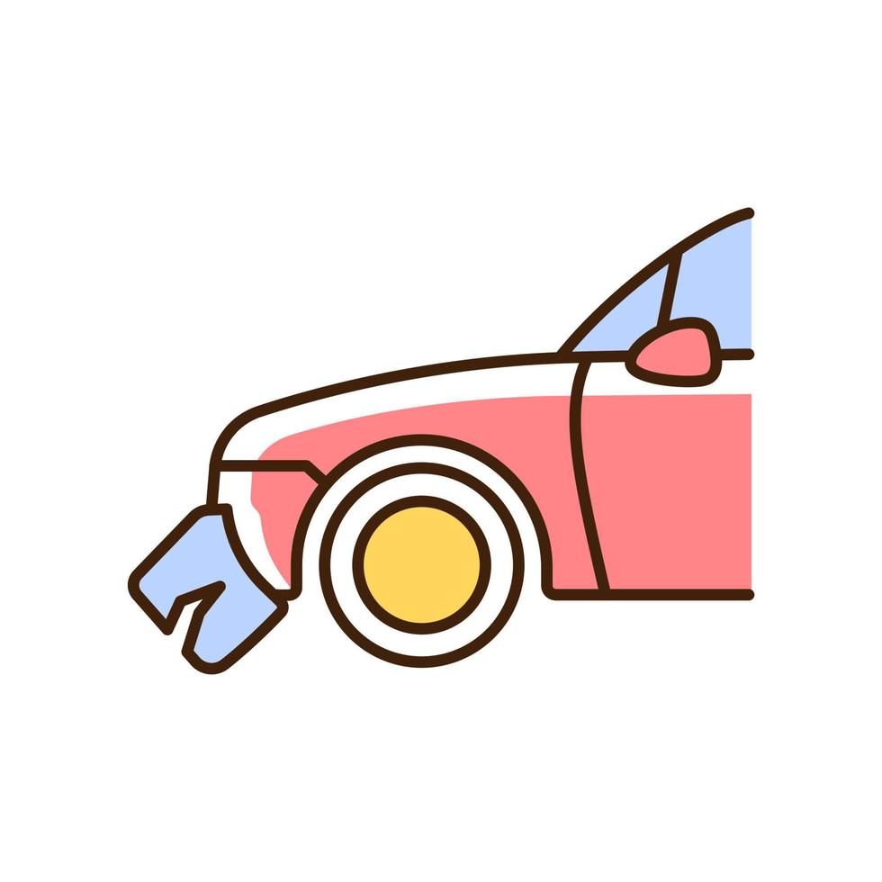 Broken bumper RGB color icon. Car crash. Visible external damage. Striking another vehicle. Rear-end collision. Auto with scratched bumper. Isolated vector illustration. Simple filled line drawing