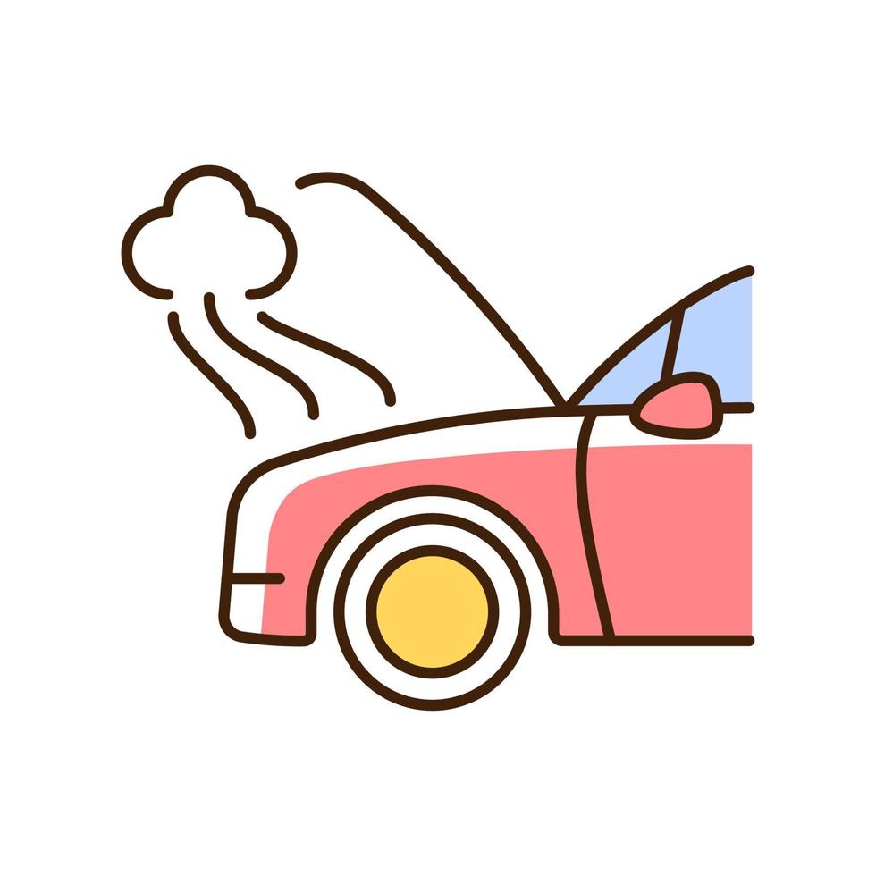 Car engine damage RGB color icon. Front end collision. Mechanical breakdown. Vehicle body, frame damage. Engine trouble. Broken transmission. Isolated vector illustration. Simple filled line drawing