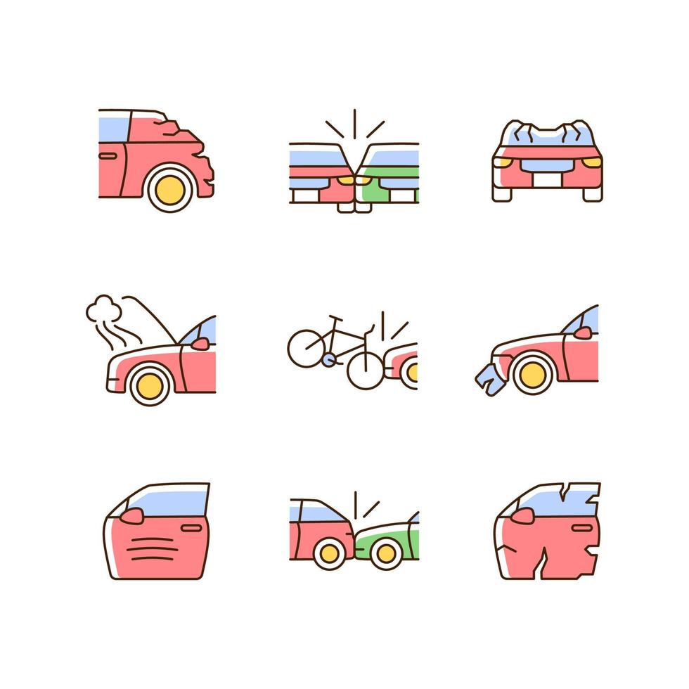 Conjunto de iconos de colores rgb de accidentes de tráfico por carretera. coche dañó partes del cuerpo. choque de costado. colisión coche-bicicleta. Daños al vehículo. ilustraciones vectoriales aisladas. colección de dibujos de líneas rellenas simples vector