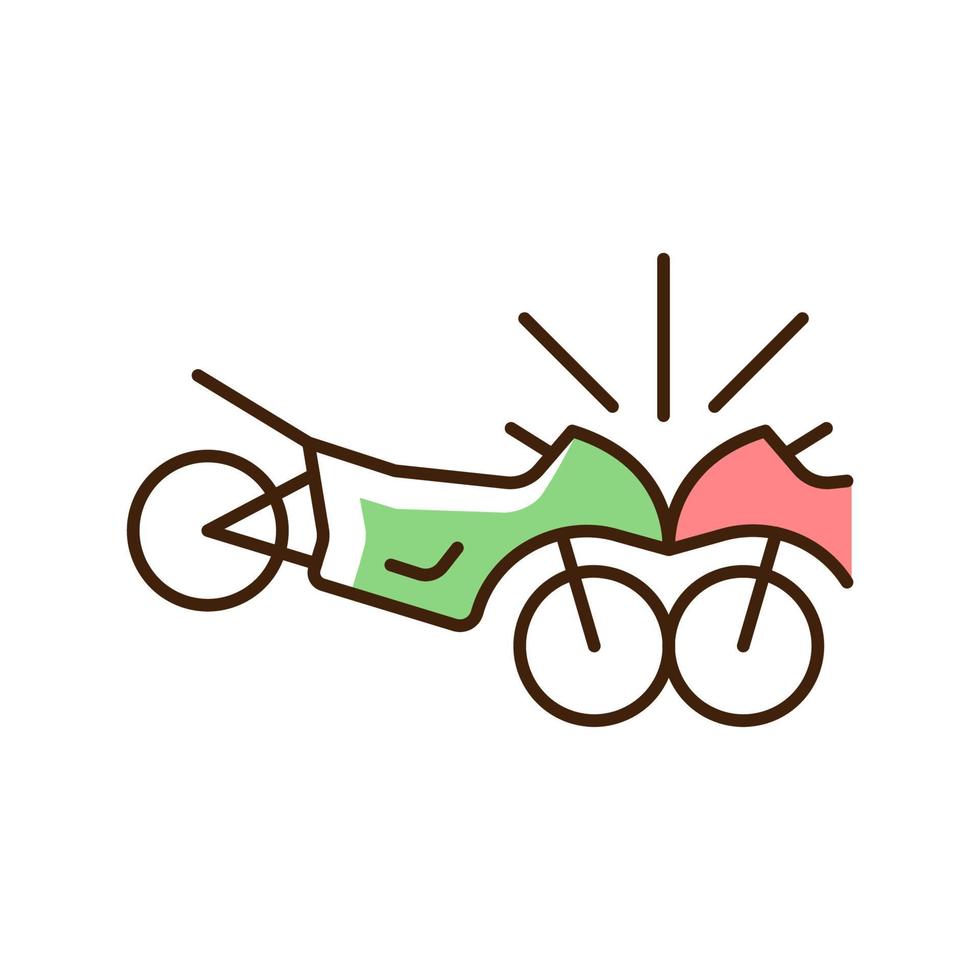 Accidente de motocicletas icono de color rgb. colisión frontal de dos motociclistas. Choques relacionados con el exceso de velocidad. chocar con otras bicicletas en la calzada. ilustración vectorial aislada. dibujo lineal relleno simple vector