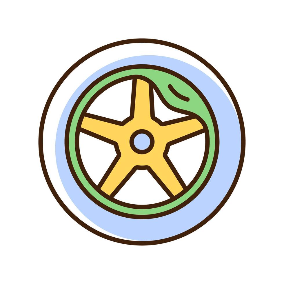 Wheel damage RGB color icon. Collision damaged vehicle. Driving on cracked rim. Uneven wear in tires. Hazardous condition. Warped framework. Isolated vector illustration. Simple filled line drawing