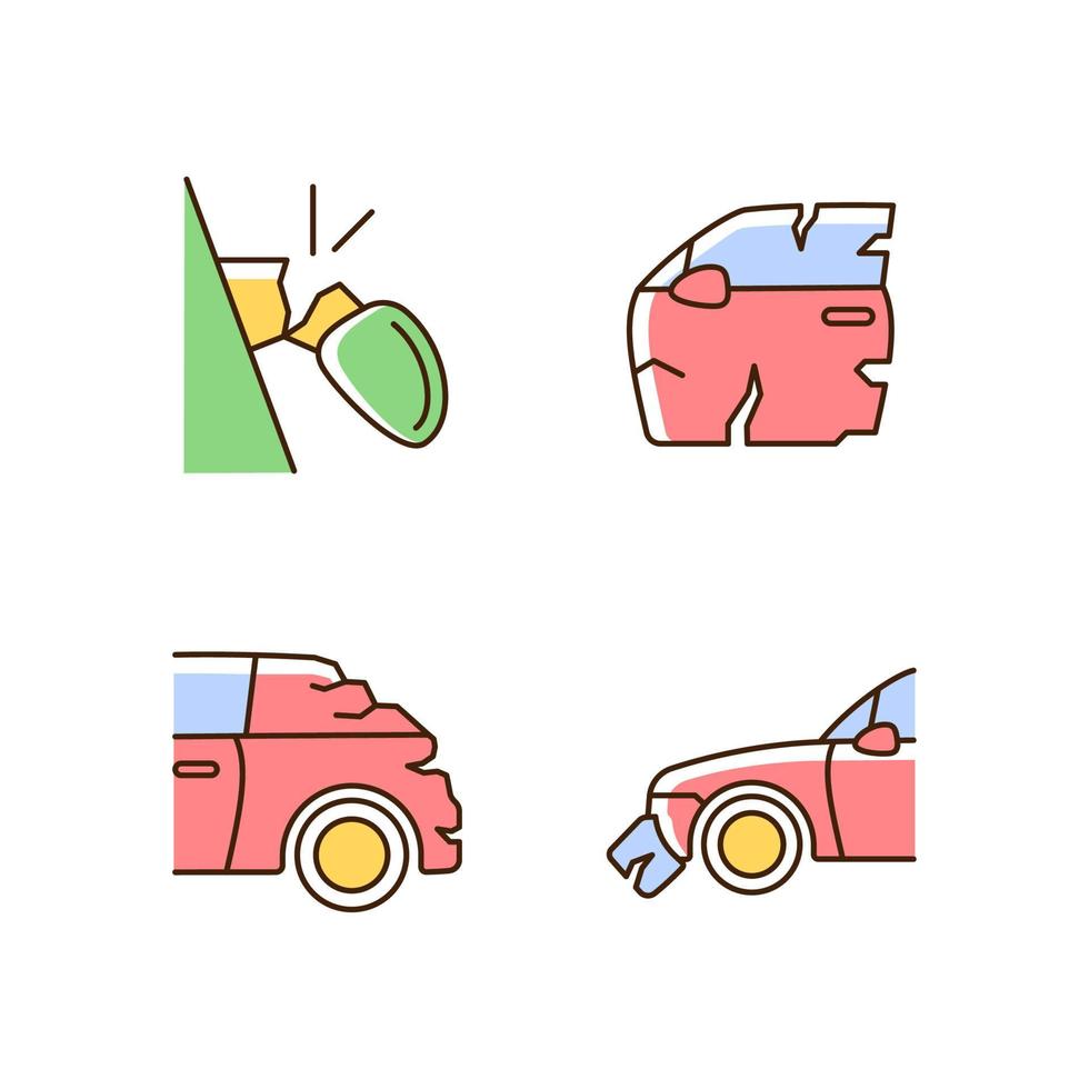 Auto body damage RGB color icons set. Broken view mirror. Scratches in vehicle exterior. Rear-end collision. Car insurance. Isolated vector illustrations. Simple filled line drawings collection