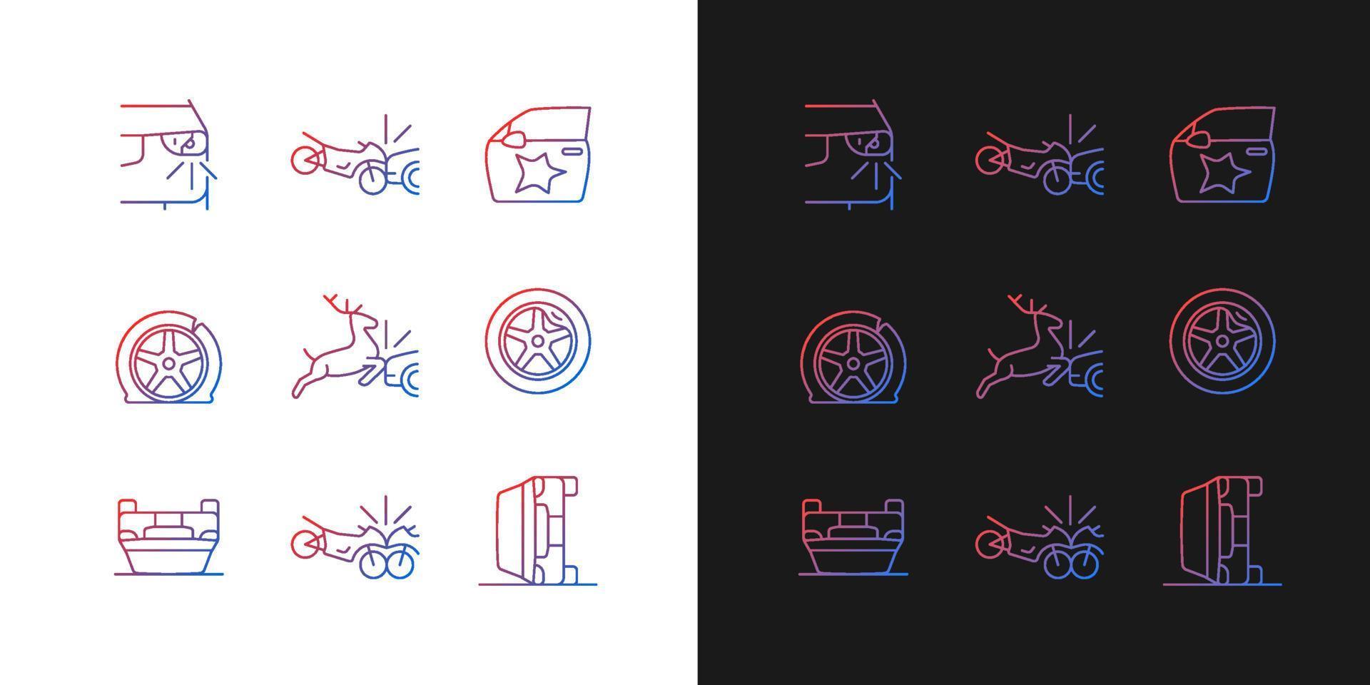 Common car crashes gradient icons set for dark and light mode. Rollover accidents. Thin line contour symbols bundle. Isolated vector outline illustrations collection on black and white