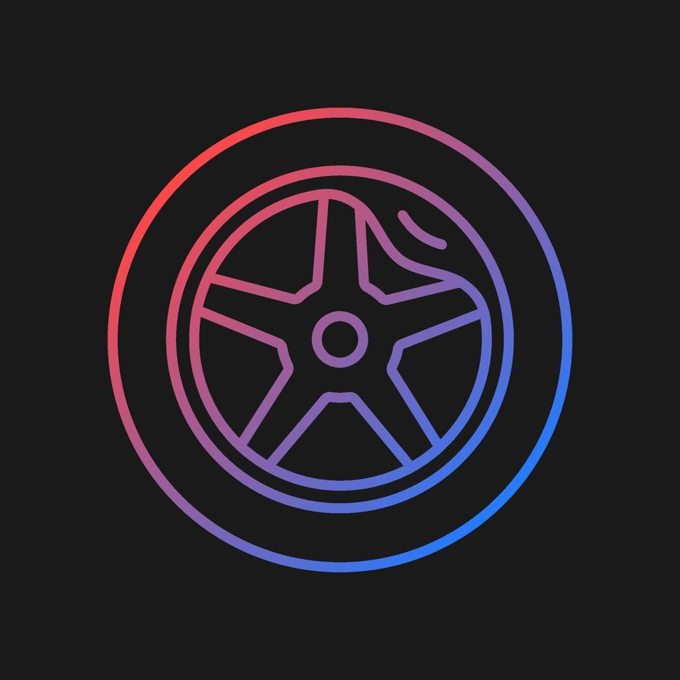 Wheel damage gradient vector icon for dark theme. Collision damaged vehicle. Cracked rim. Uneven wear in tires. Thin line color symbol. Modern style pictogram. Vector isolated outline drawing