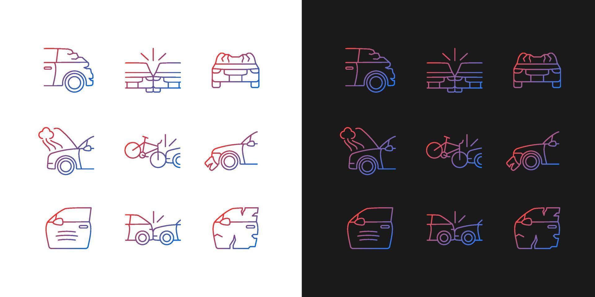 Road traffic accidents gradient icons set for dark and light mode. Car damaged body parts. Thin line contour symbols bundle. Isolated vector outline illustrations collection on black and white