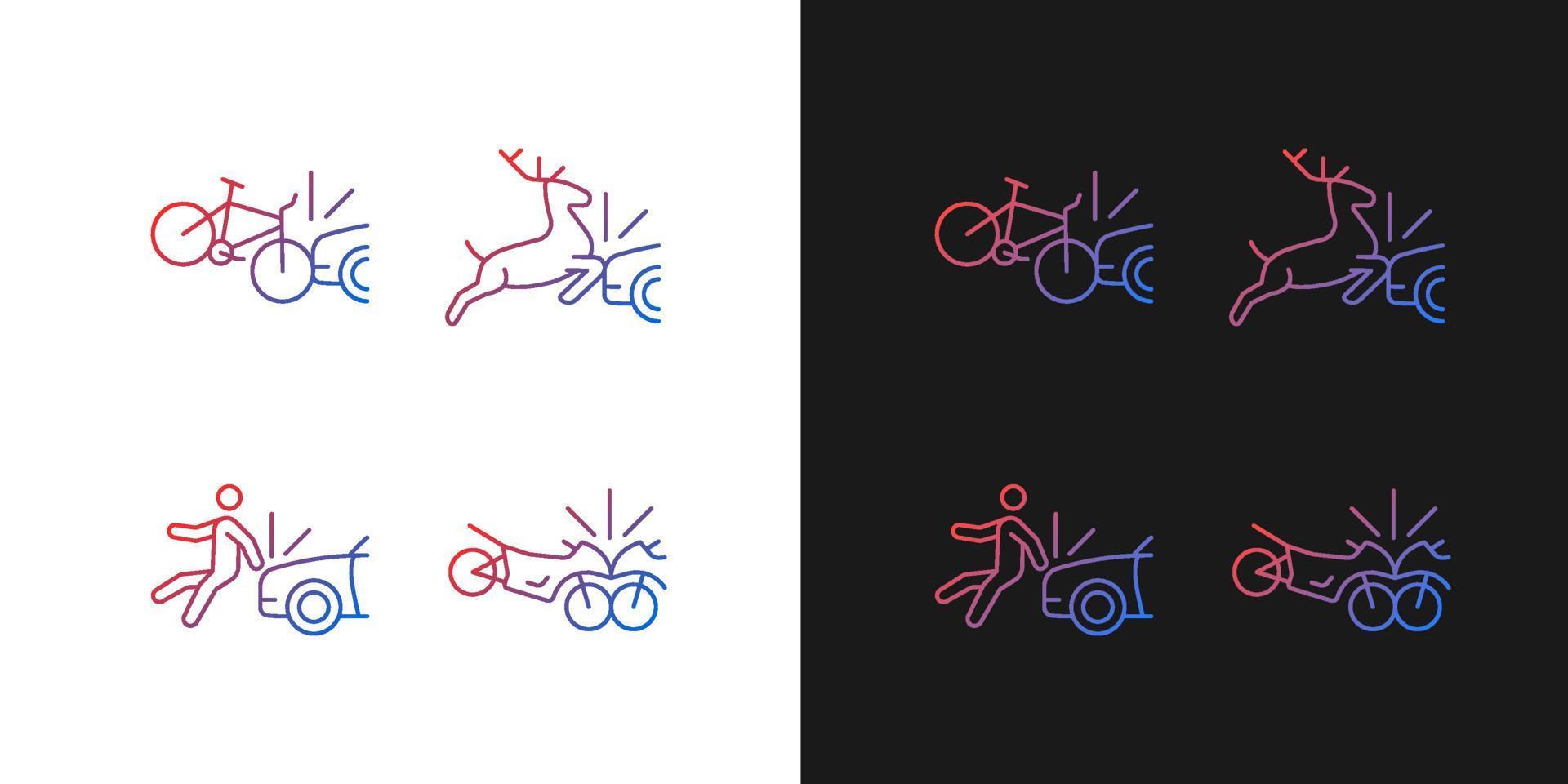 Traffic collision scenarios gradient icons set for dark and light mode. Bicycle crash. Thin line contour symbols bundle. Isolated vector outline illustrations collection on black and white