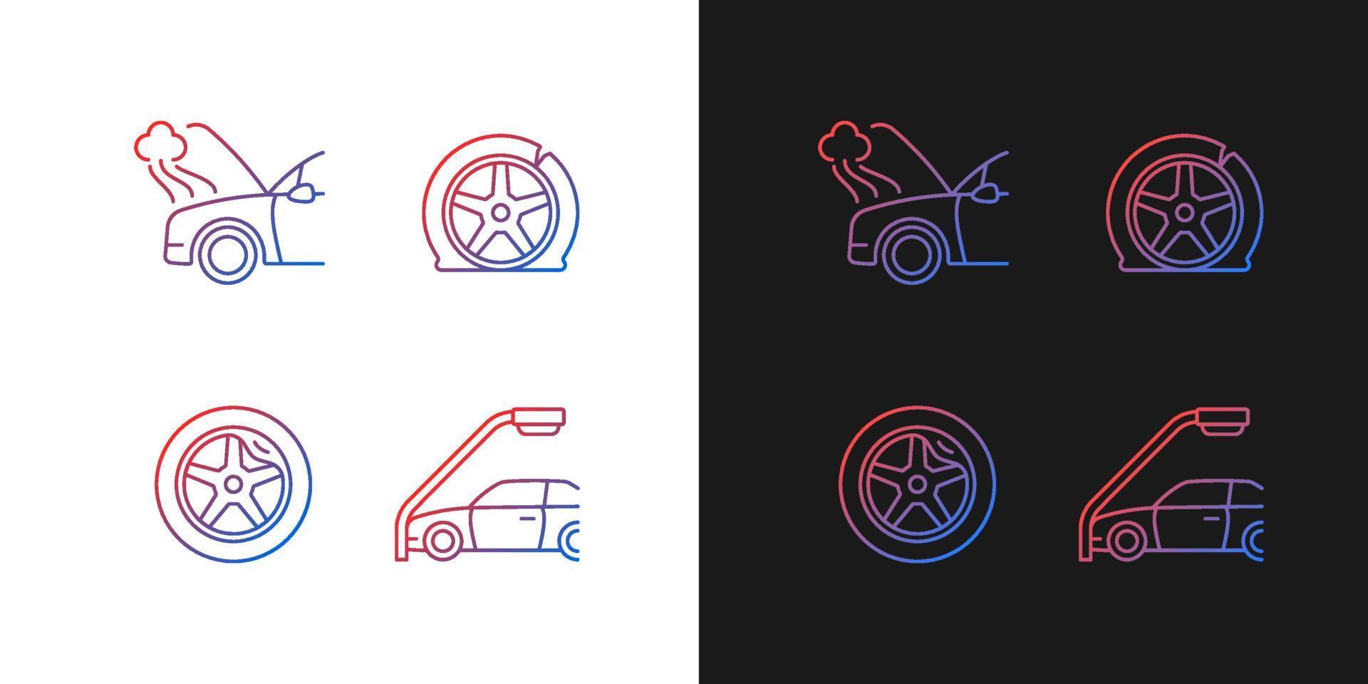 Vehicle damage in car accident cases gradient icons set for dark and light mode. Breakdown. Thin line contour symbols bundle. Isolated vector outline illustrations collection on black and white