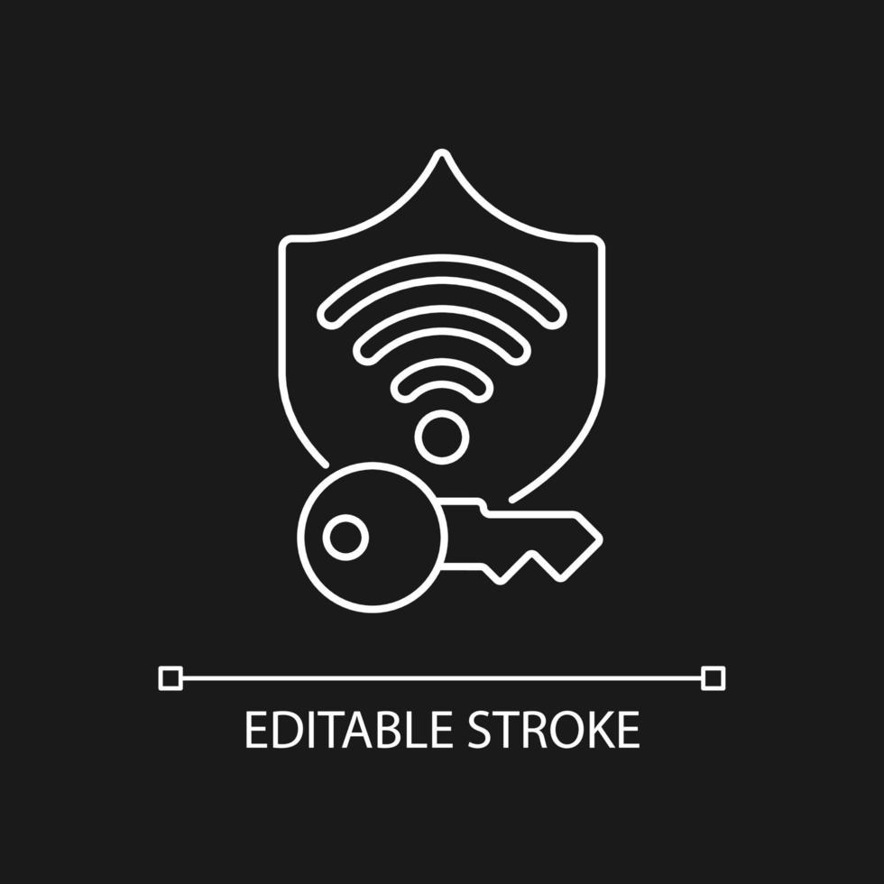 Protected wifi password white linear icon for dark theme. Internet safety. Password management. Thin line customizable illustration. Isolated vector contour symbol for night mode. Editable stroke