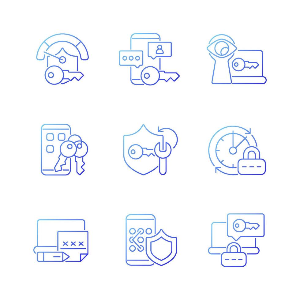 Password requirements gradient linear vector icons set. Internet safety. Cyberspace security. Password management. Thin line contour symbols bundle. Isolated outline illustrations collection