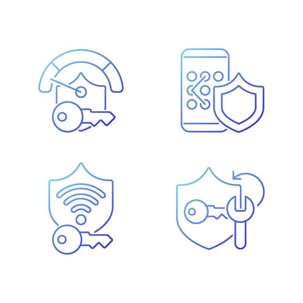 System password gradient linear vector icons set. Smartphone lock. Wifi protection. Cracker app for password management. Thin line contour symbols bundle. Isolated outline illustrations collection