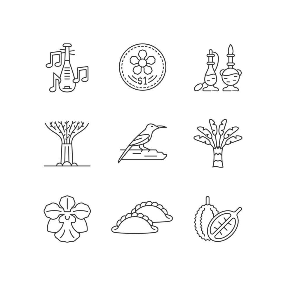 Singapore identity linear icons set. Native trees and flowers. Singaporean cuisine. Folk music. Customizable thin line contour symbols. Isolated vector outline illustrations. Editable stroke