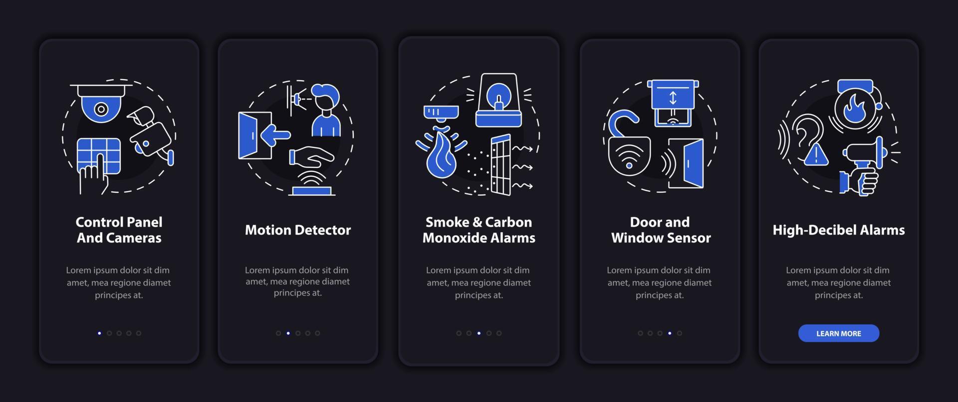 pantalla de la página de la aplicación móvil de incorporación del sistema de seguridad automatizado. tutorial de casa inteligente 5 pasos instrucciones gráficas con conceptos. ui, ux, plantilla de vector de interfaz gráfica de usuario con ilustraciones lineales en modo nocturno