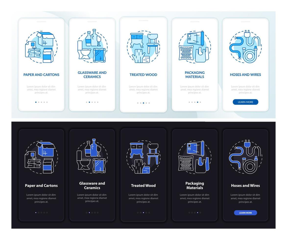 tipos de residuos aceptados día, noche, pantalla de la página de la aplicación móvil de incorporación. tutorial 5 pasos instrucciones gráficas con conceptos. ui, ux, plantilla de vector de interfaz gráfica de usuario con ilustraciones lineales en modo día y noche