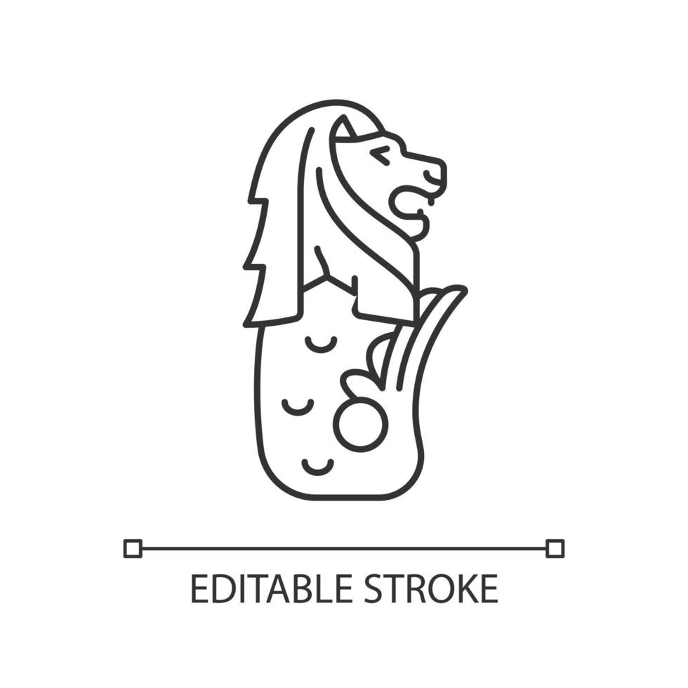 Merlion statue linear icon. Half fish and half lion mascot. Mythical creature. Popular attraction. Thin line customizable illustration. Contour symbol. Vector isolated outline drawing. Editable stroke