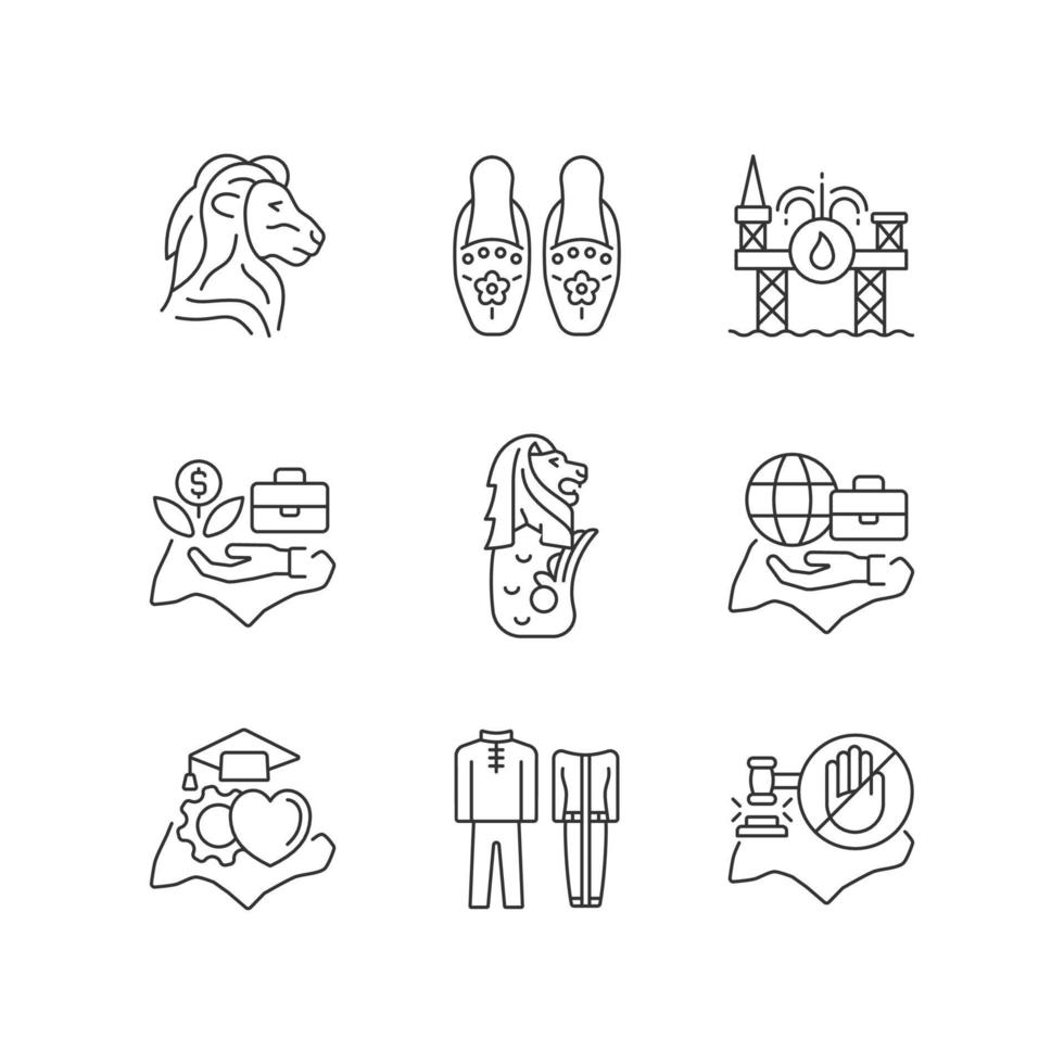 Singapore national values linear icons set. Quality of living. Traditional costumes. Sightseeing places. Customizable thin line contour symbols. Isolated vector outline illustrations. Editable stroke
