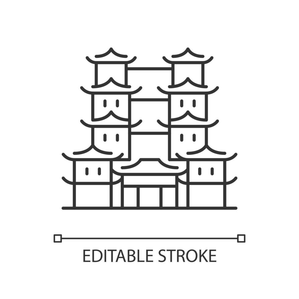 Tooth relic temple linear icon. Spiritual hub for Buddhists. Southern China architecture. Thin line customizable illustration. Contour symbol. Vector isolated outline drawing. Editable stroke