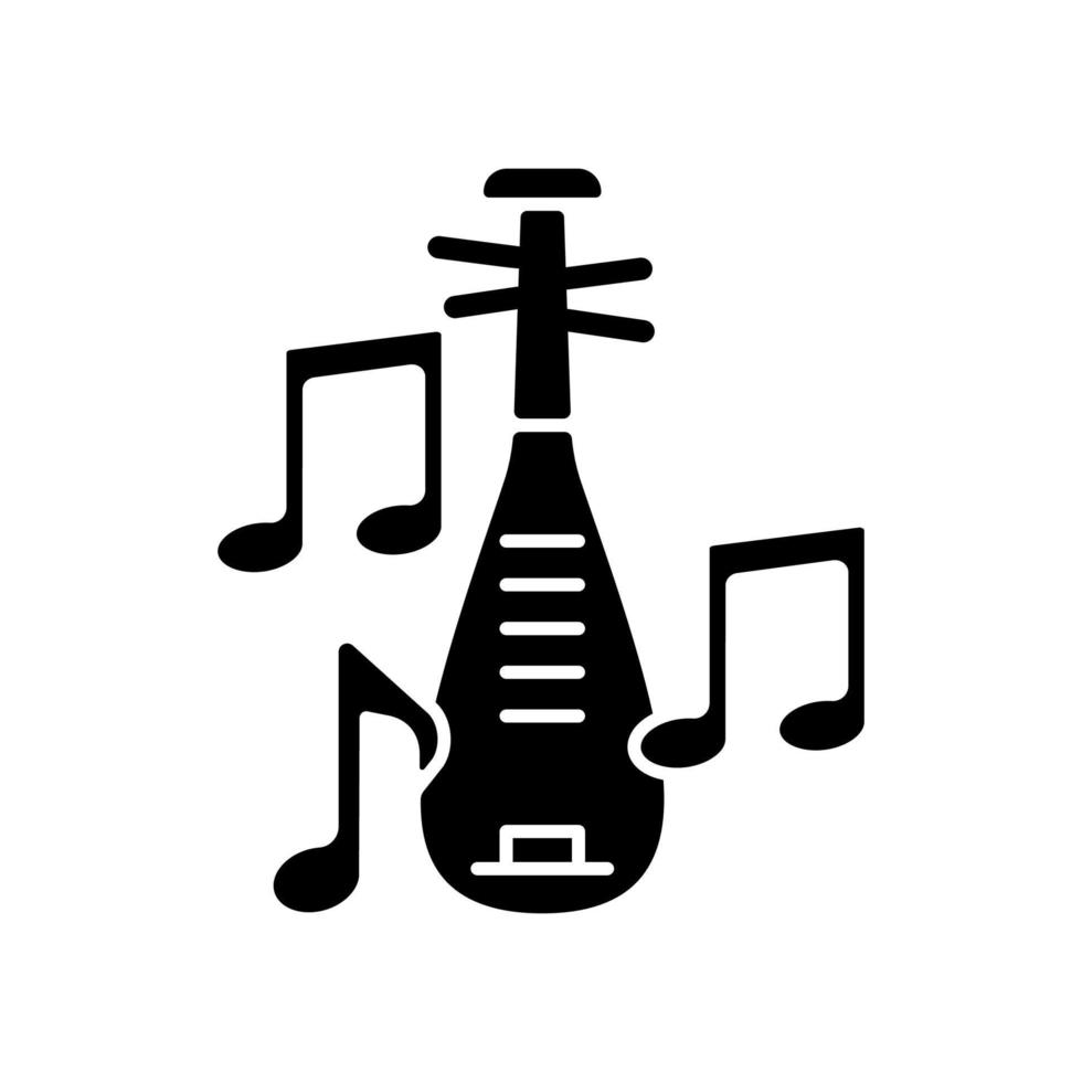 Pipa instrument black glyph icon. Wooden musical device. Four-stringed plucked lute. Traditional instrument. Chinese symbolism. Silhouette symbol on white space. Vector isolated illustration