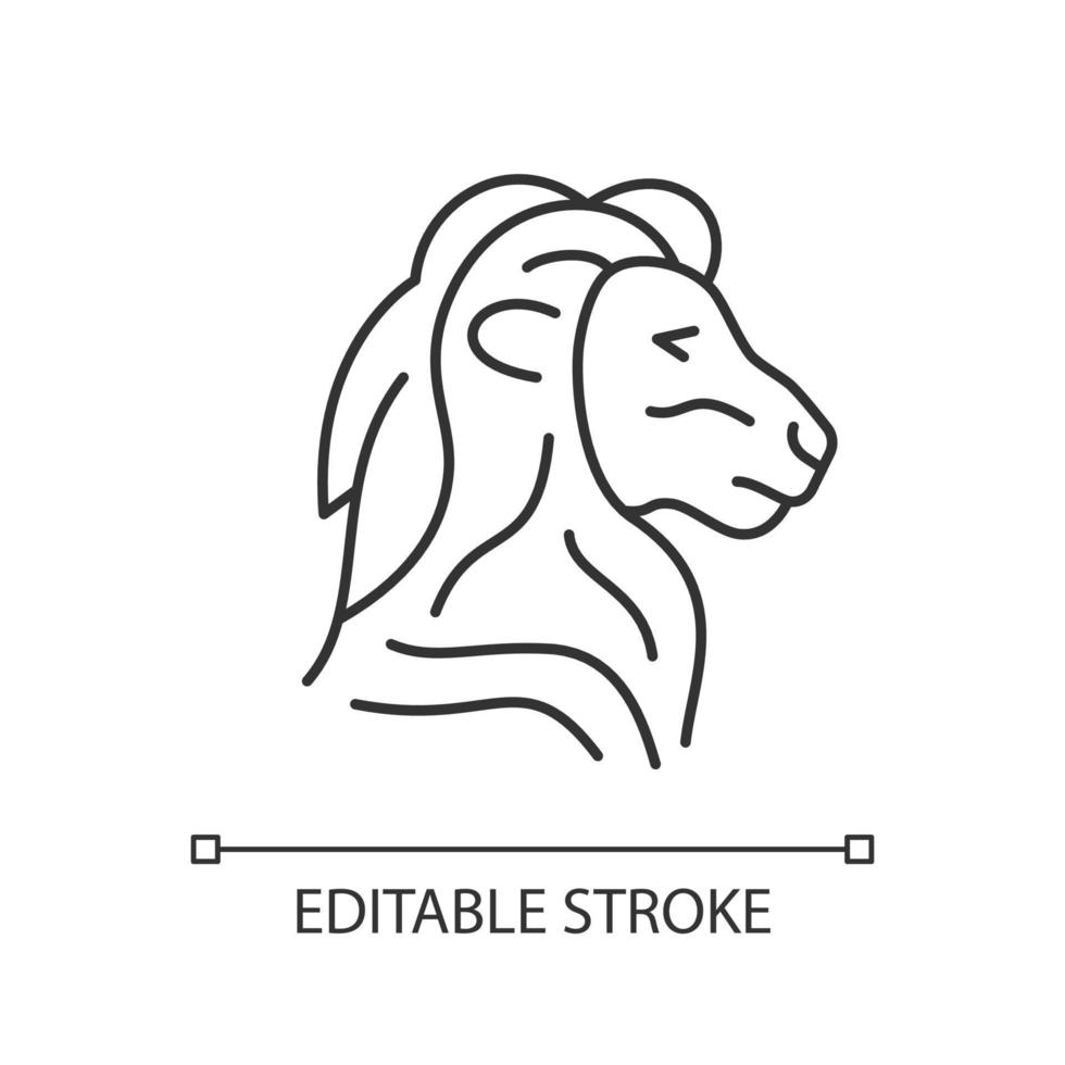 Lion head symbol linear icon. Singapore national animal. Official mascot. Merlion statue. Thin line customizable illustration. Contour symbol. Vector isolated outline drawing. Editable stroke