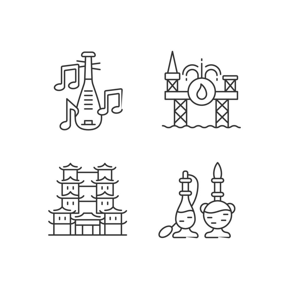 cultura de Singapur conjunto de iconos lineales. instrumento musical pipa. perforación mar adentro. templo de la reliquia del diente. símbolos de contorno de línea fina personalizables. ilustraciones de contorno de vector aislado. trazo editable