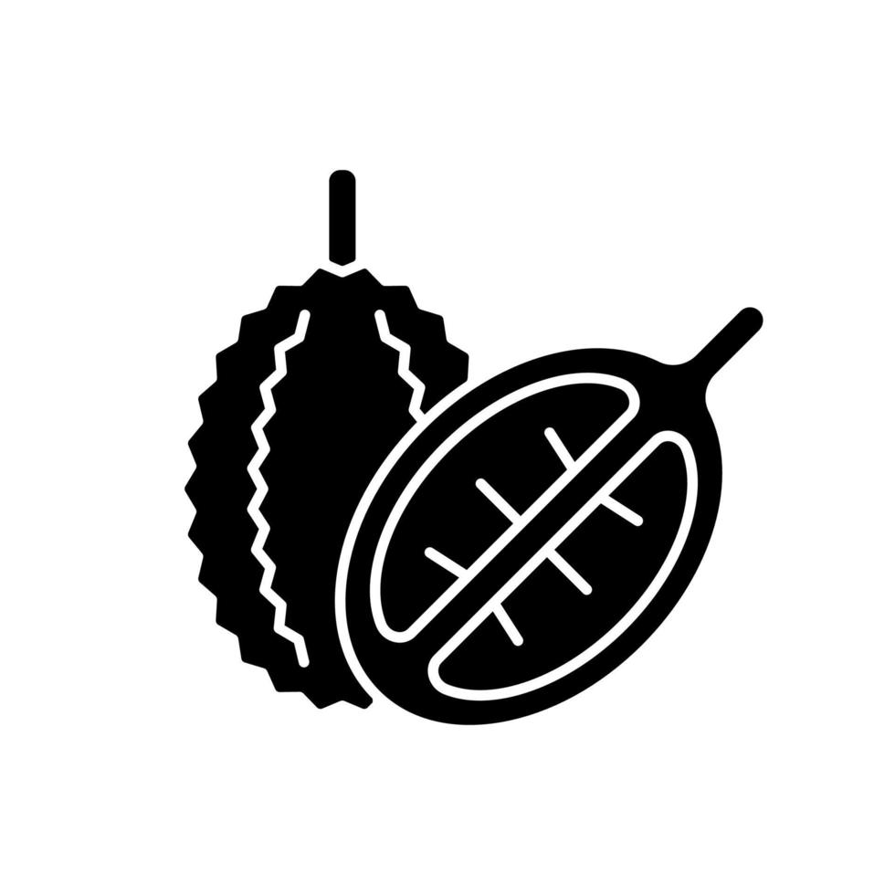 Durian black glyph icon. Bittersweet fruit in Singapore. Fruit with strong fragrance. Mao Shan Wang. Rich source of nutrients. Silhouette symbol on white space. Vector isolated illustration