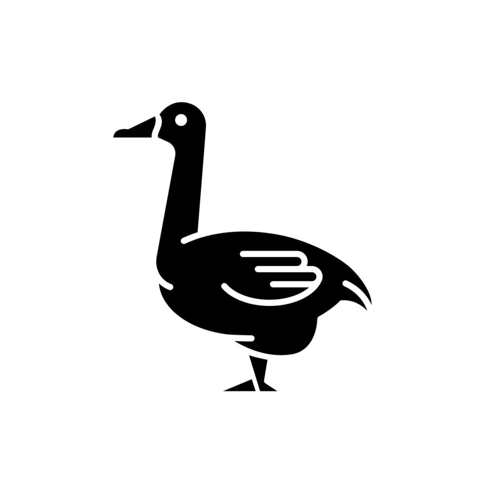 Goose black glyph icon. Domestic bird bred for meat. Poultry farming. Commercial geese growing. Waterfowl. Canadian and white goose. Silhouette symbol on white space. Vector isolated illustration