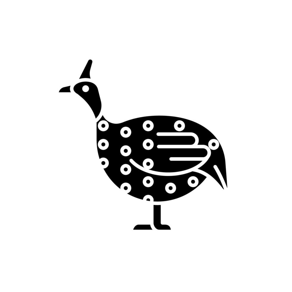 Guinea fowl black glyph icon. Domesticated bird. Commercial poultry farming for meat. Helmeted guineafowl. African breed. Bird selection. Silhouette symbol on white space. Vector isolated illustration