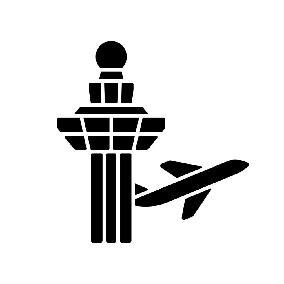 Icono de glifo negro de la torre de control del aeropuerto de Changi. Observación visual desde la torre. control de tráfico aéreo. manejar los movimientos de aeronaves. símbolo de silueta en el espacio en blanco. vector ilustración aislada