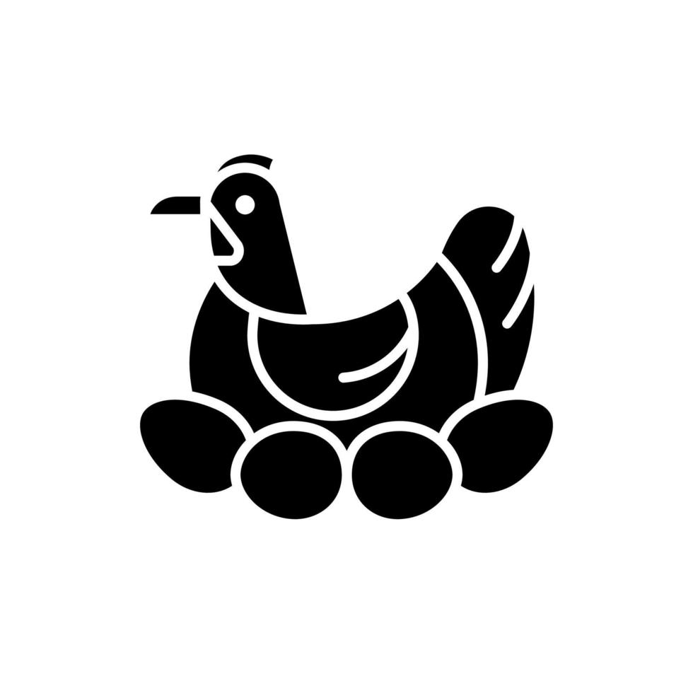 Brood hen black glyph icon. Bird sitting on egg clutch to incubate chicks. Nesting fowl. Brooding chicken. Poultry selection and farming. Silhouette symbol on white space. Vector isolated illustration