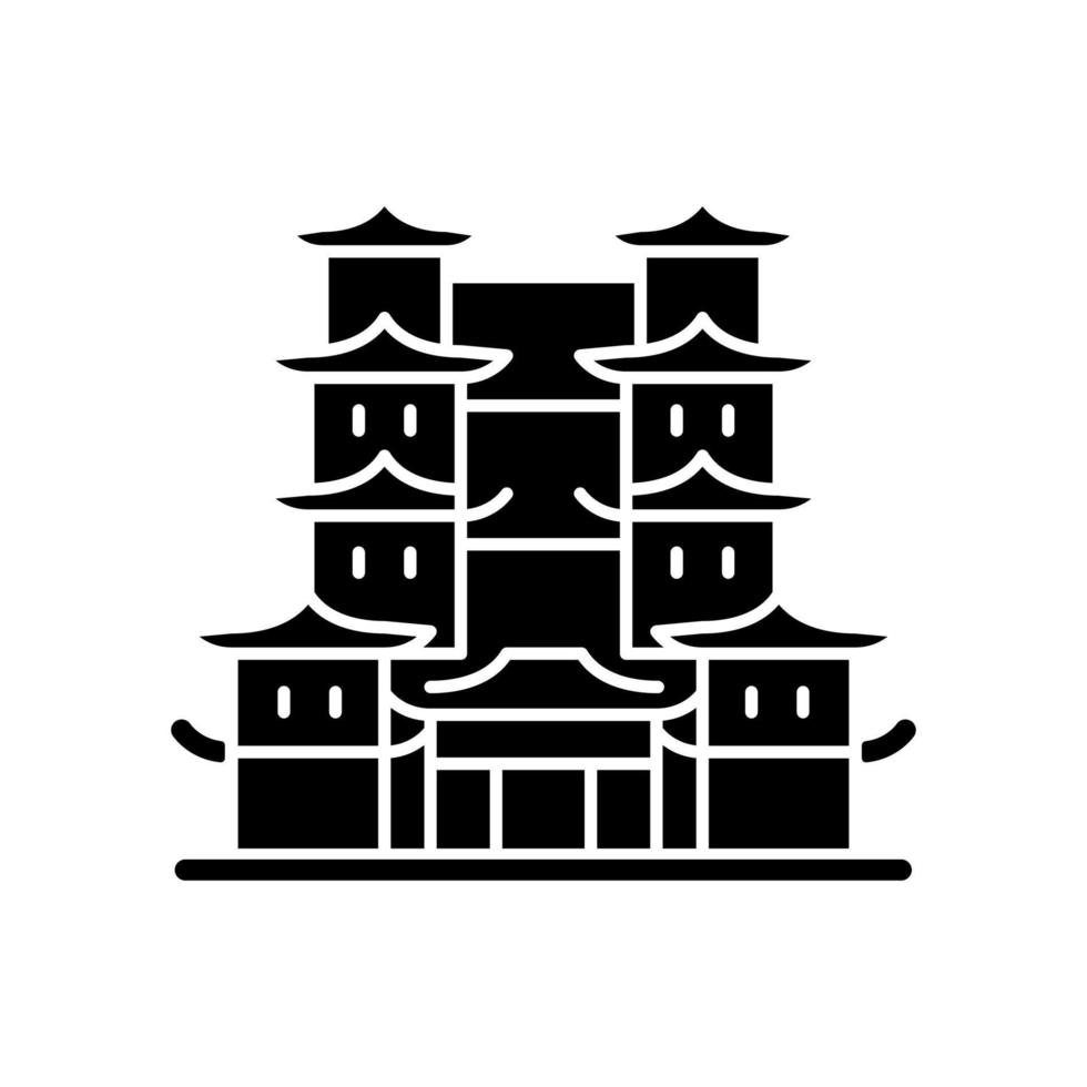 Tooth relic temple black glyph icon. Spiritual hub for Buddhists. Southern China architecture. Historical museum. Cultural complex. Silhouette symbol on white space. Vector isolated illustration