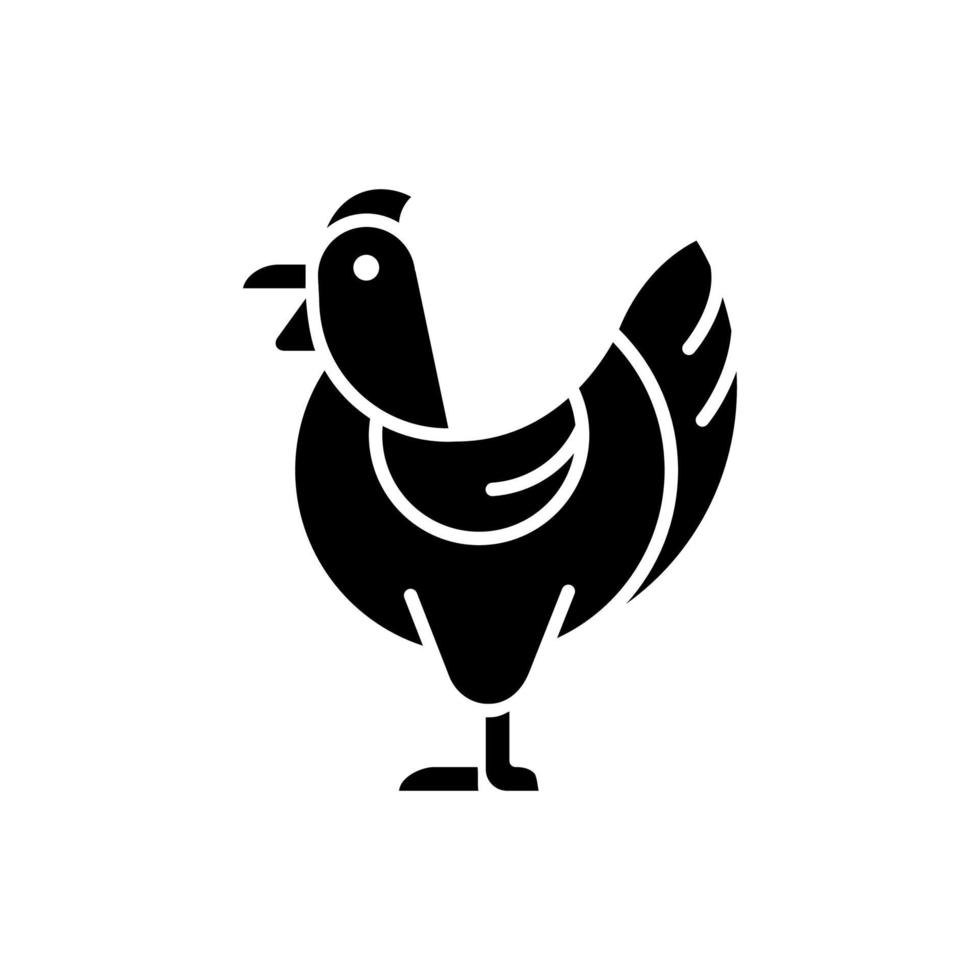 Hen black glyph icon. Female chicken. Broiler and layer pullet. Nesting yardbird. Poultry farming. Chicken for food and eggs. Silhouette symbol on white space. Vector isolated illustration