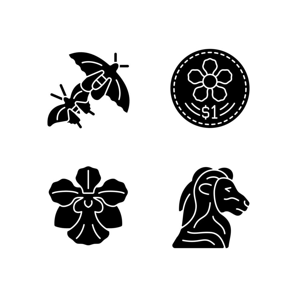 Iconos de glifos negros de animales y flores nacionales de Singapur en espacios en blanco. diseño de monedas. especies de mariposas. símbolo de cabeza de león. Orquídea. símbolos de silueta. vector ilustración aislada