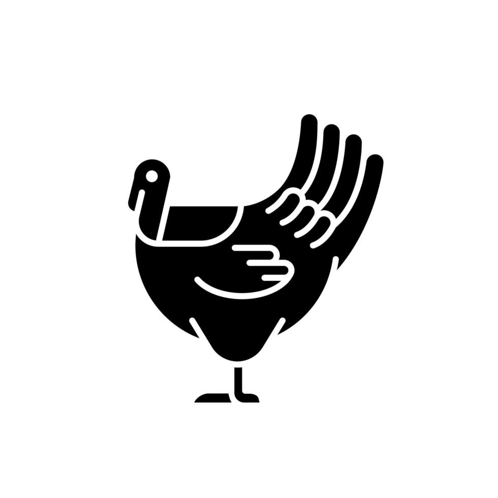 Male turkey black glyph icon. Commercial poultry farming for food. Domestic bird growing for meat. Thanksgiving dinner with turkey. Silhouette symbol on white space. Vector isolated illustration