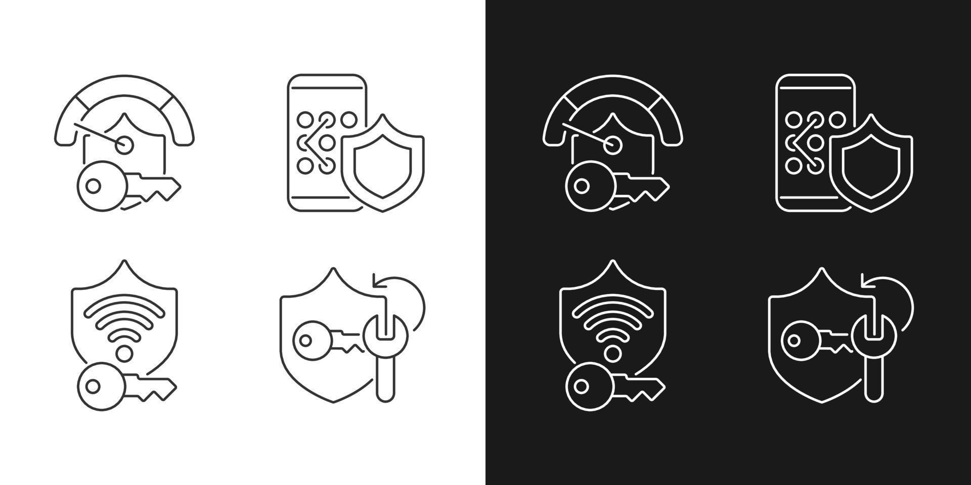 iconos lineales de contraseña del sistema establecidos para el modo oscuro y claro. bloqueo de teléfono inteligente. aplicación de cracker para la gestión de contraseñas. símbolos de línea fina personalizables. ilustraciones de contorno de vector aislado. trazo editable