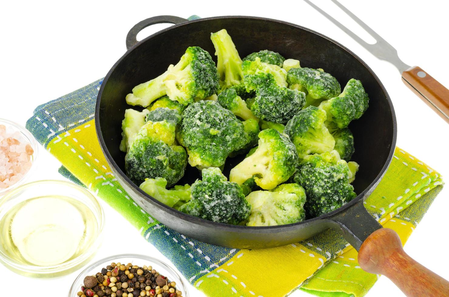 Frozen broccoli cabbage inflorescences in frying pan photo